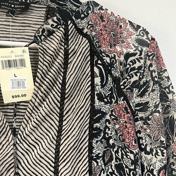 NWT Lucky Brand Boho Mixed Print Top 3/4 Bell Sleeve
Floral Striped Black Sz L - Picture 7 of 10